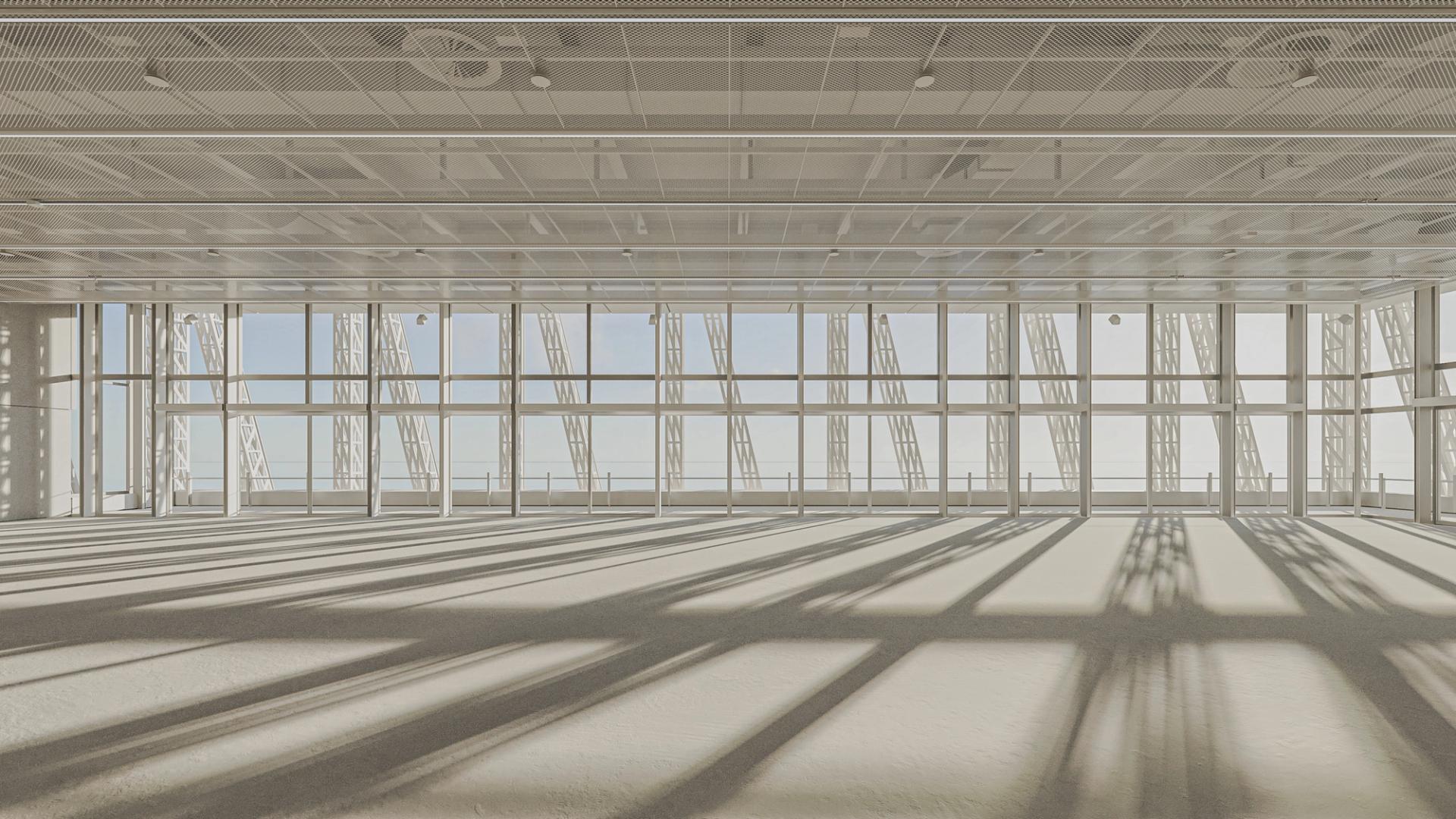 A 3D render of a large empty space (PS7, Powerhouse Parramatta), a large glass window supported by beams looking out to a white exoskeleton structure and a blue sky.