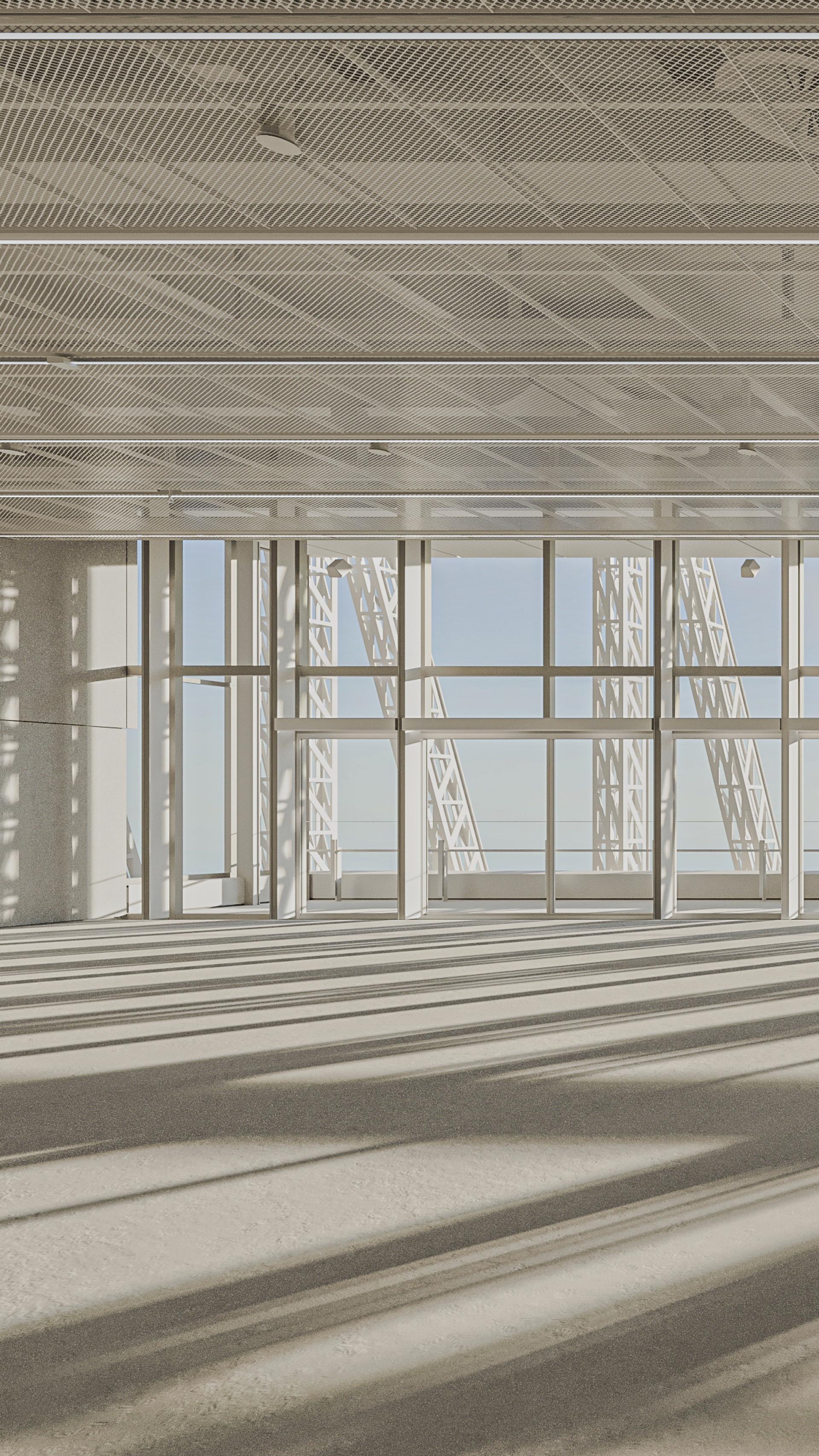 A 3D render of a large empty space (PS7, Powerhouse Parramatta), a large glass window supported by beams looking out to a white exoskeleton structure and a blue sky.