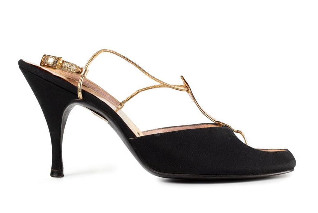 Saks black fabric/gold leather evening sandal