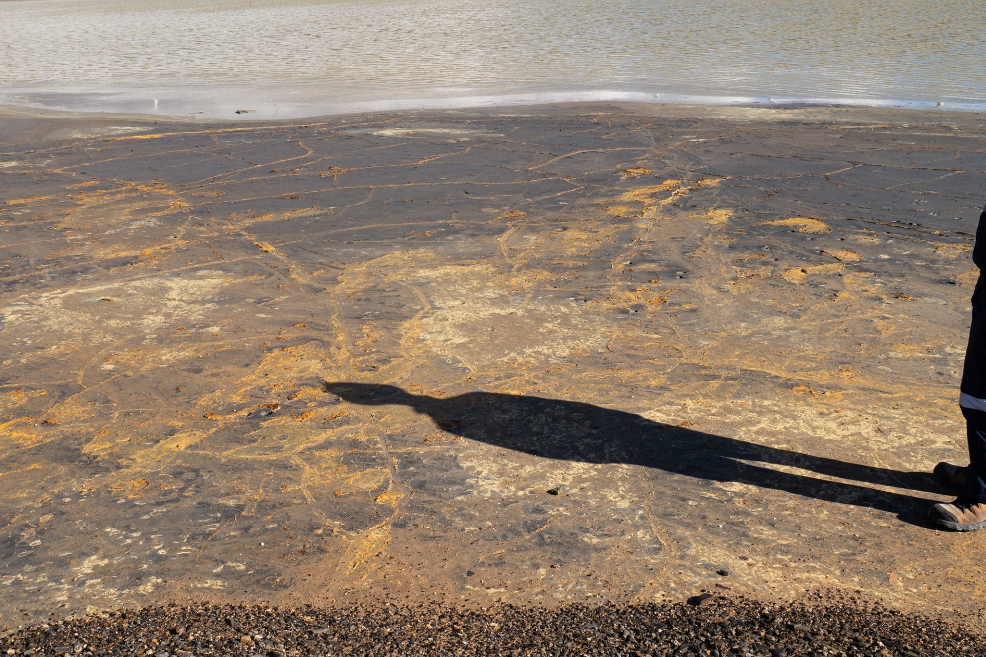 Shadow of a human on copper coloured land next to still water