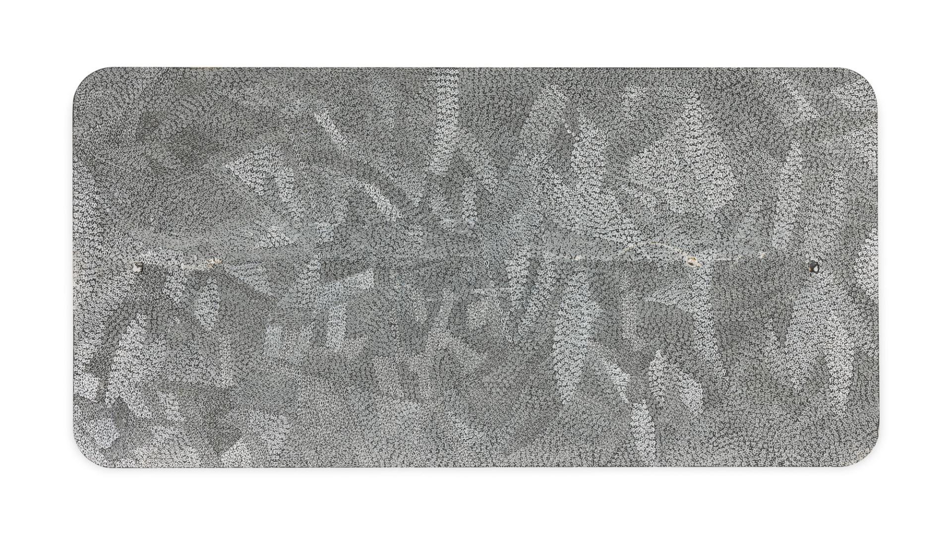 Etchings of dotted patterns, replicating thin tree leaves using dremel onto a found aluminium road sign.