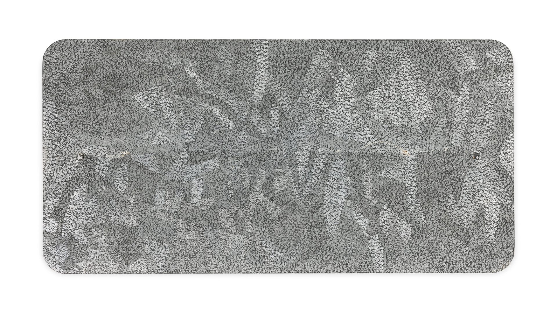 Etchings of dotted patterns, replicating thin tree leaves using dremel onto a found aluminium road sign.