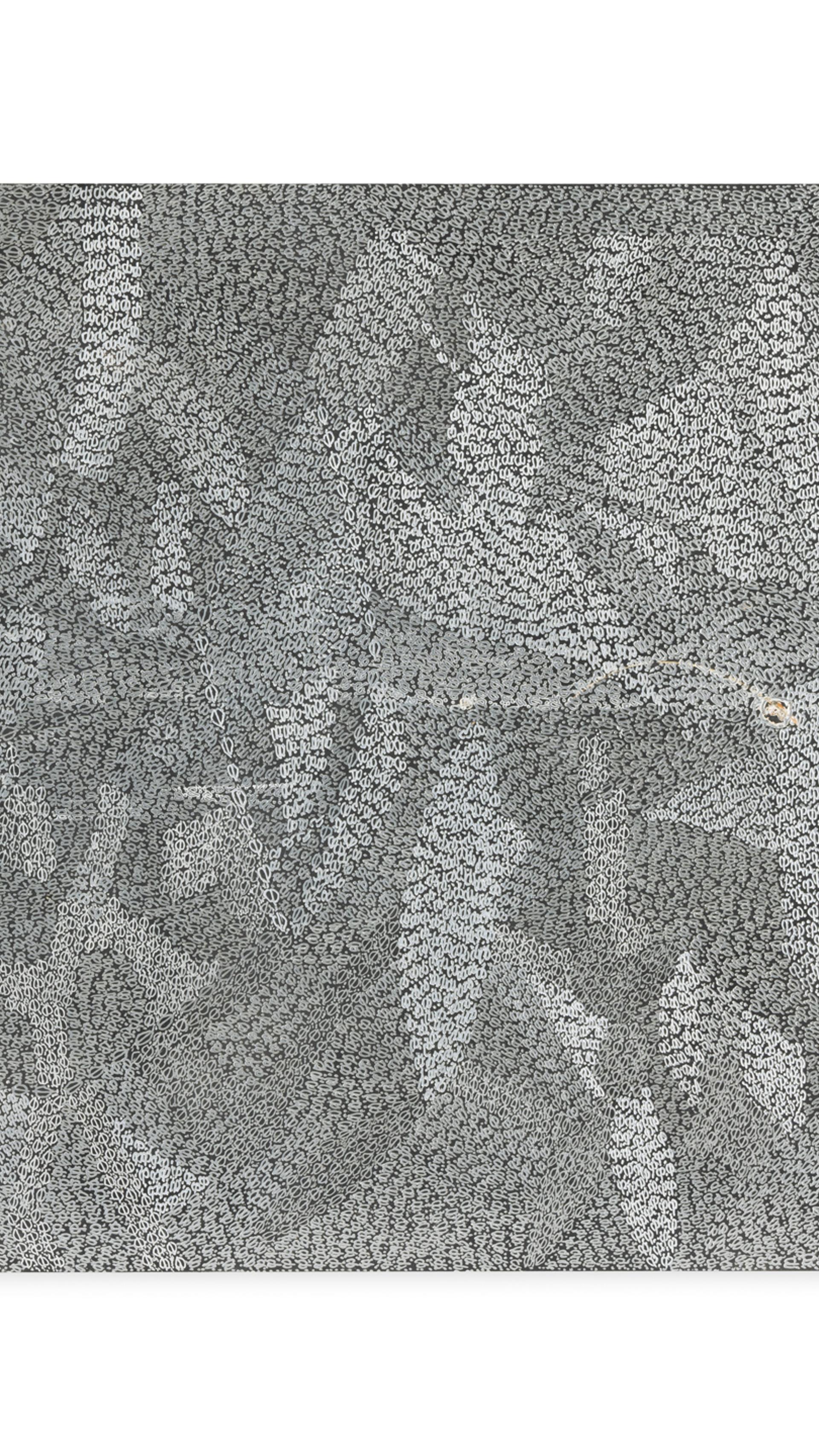 Etchings of dotted patterns, replicating thin tree leaves using dremel onto a found aluminium road sign.