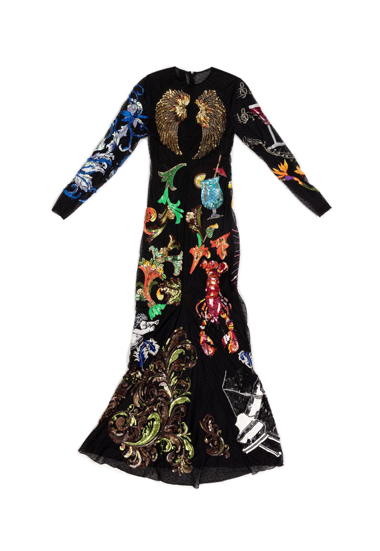 Romance Was Born floor length long sleeve black gown with colourful sequinned images including gold wings, a lobster and a cocktail.
