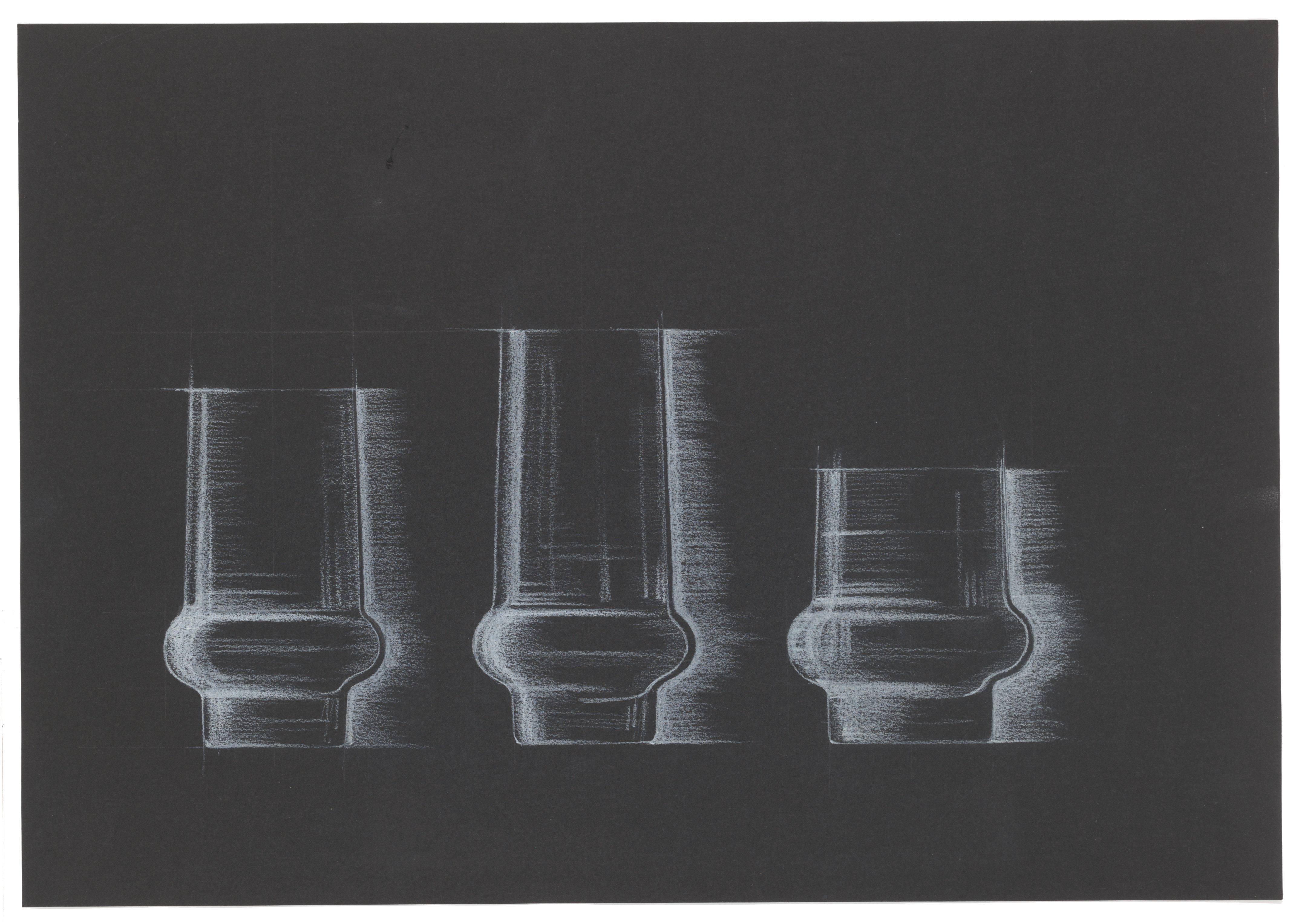 White pencil on black paper concept design of Haama drinking glass range development, with rounded bands above the base.