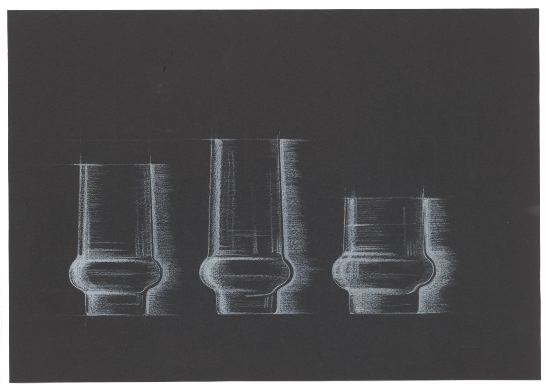 White pencil on black paper concept design of Haama drinking glass range development, with rounded bands above the base.