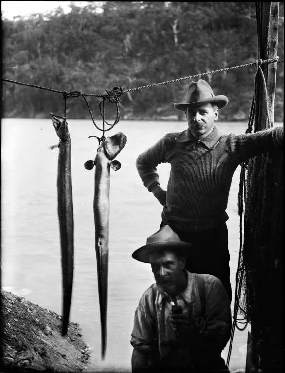 Two men standing in front of a river, showing off their eel catch.