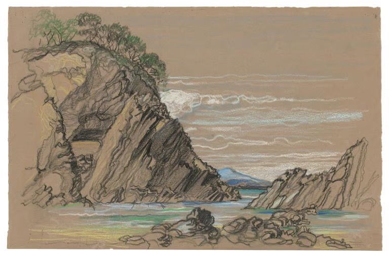 Landscape drawing of mountains and the sea in crayon on grey paper.