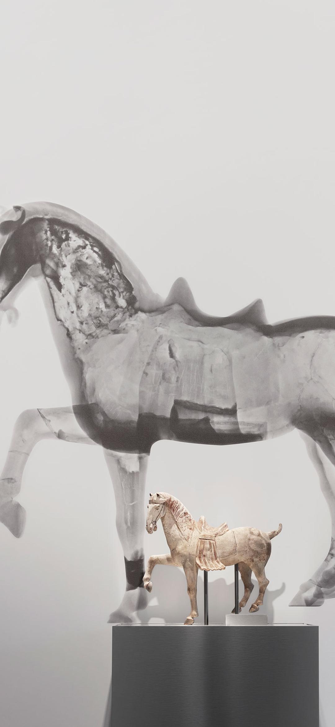 Small horse figure on a plinth in front of a large black and white neutron tomography scan of the same horse figure.