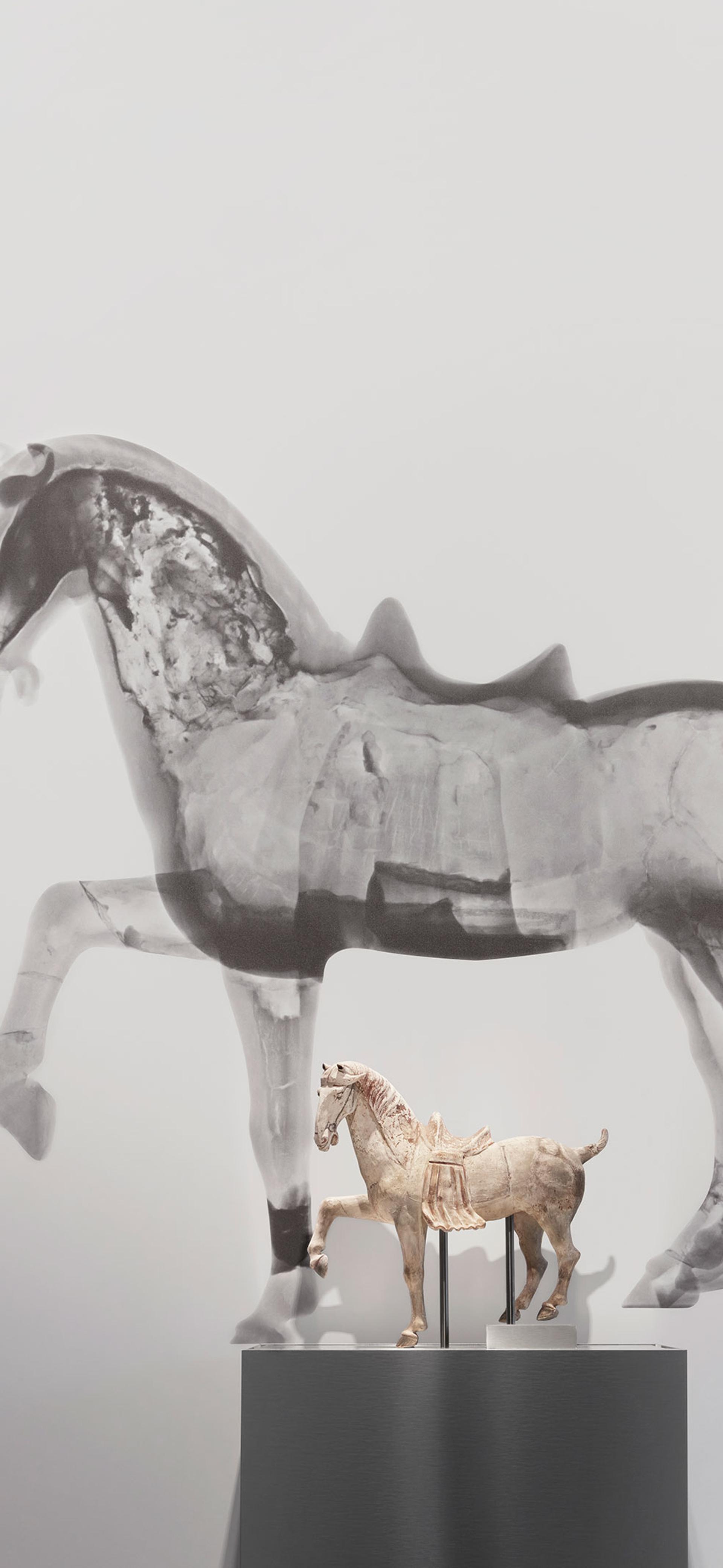 Small horse figure on a plinth in front of a large black and white neutron tomography scan of the same horse figure.