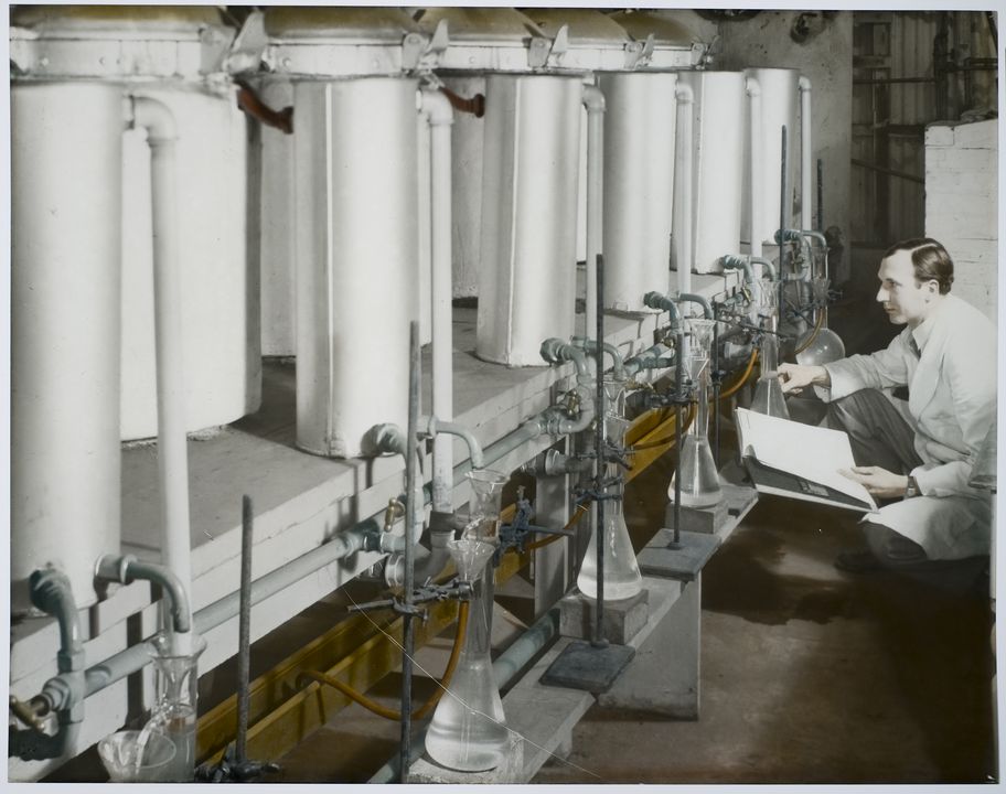 A collection of eight photographic transparencies. The content of these transparencies is the different stages of the eucalyptus oil distillation process. They are copies that are likely to have been used for a publication or were intended for a publication. The originals were probably tinted by hand.