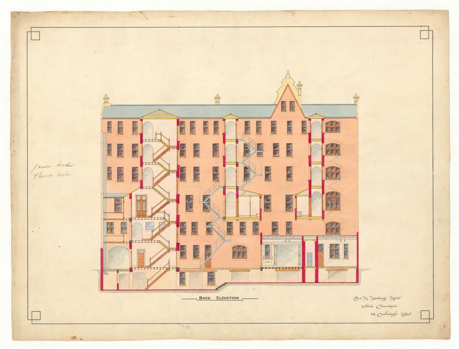Architectural drawing, back elevation Grand Central Coffee Palace Sydney, paper