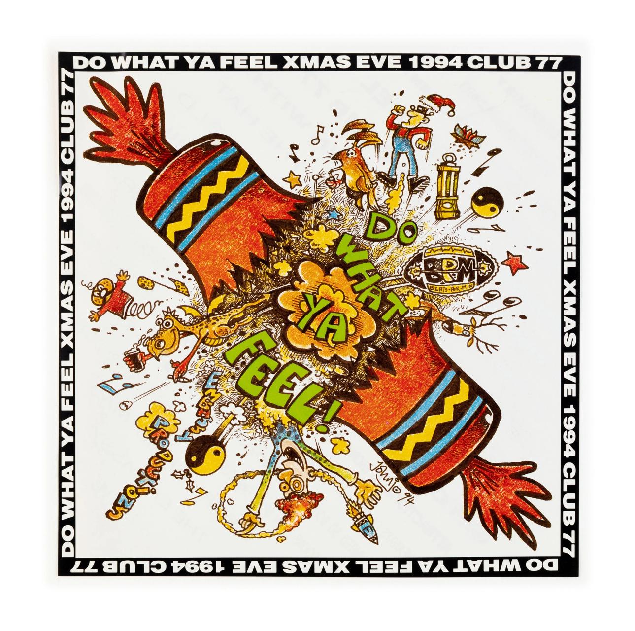 Flyer with a cartoonish illustration of a Christmas cracker exploding with people, animals and symbols.