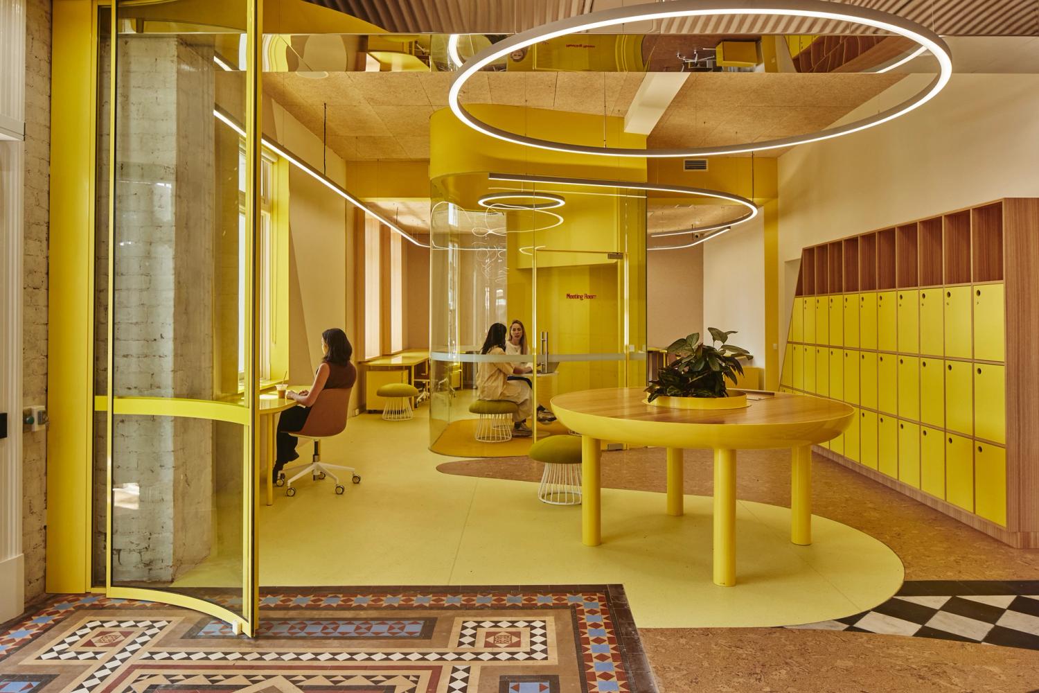 Yellow interior with lots of curvaceous features.