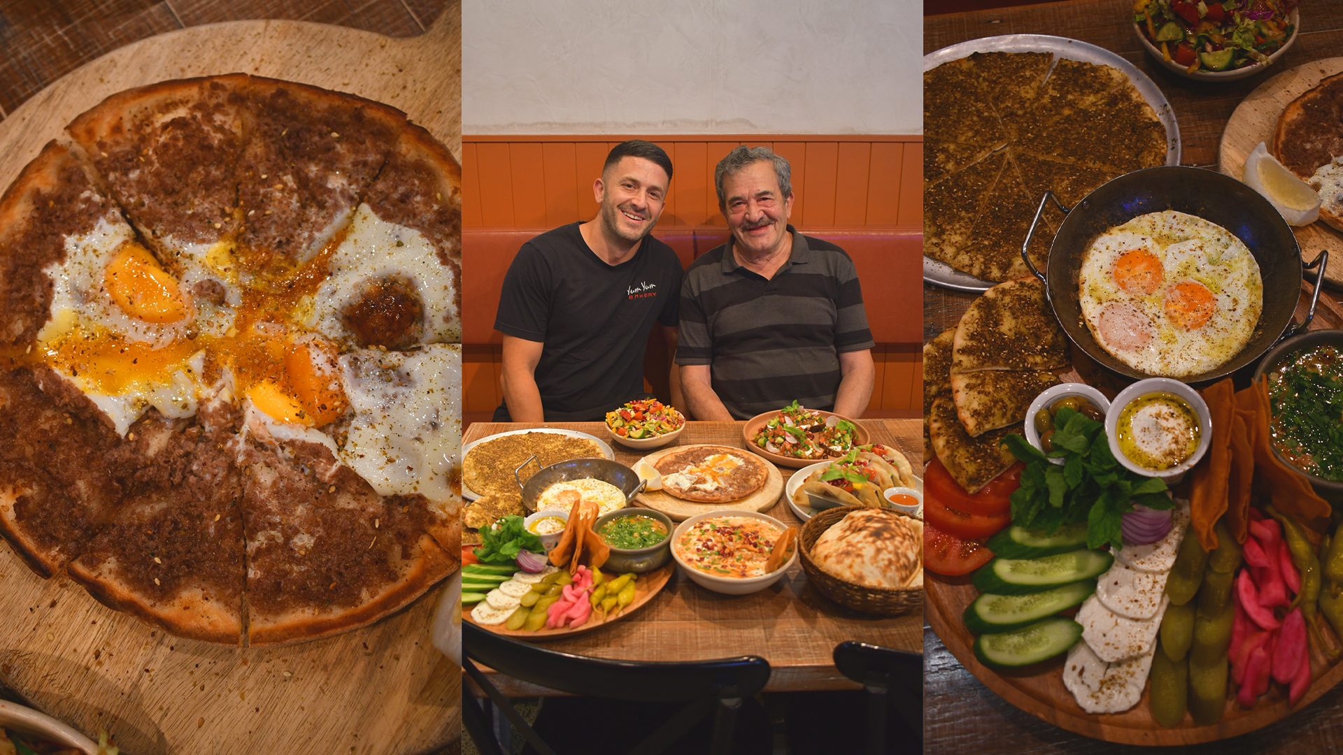 Assorted dishes from Yum Yum Bakery: Lamb Shawarma Taco’s, Zaatar Manoush (herbed bread), Awarma and Egg Manoush Fatteh. Fattoush, and the Lebanese Breakfast — fried eggs, foul (bean stew), fatteh, fried Lebanese bread, labneh, pickles, vegetables.