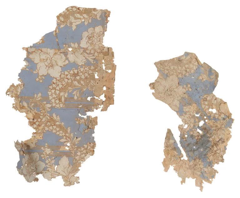 Wallpaper fragments with a blue background and floral print.