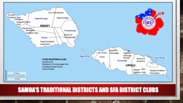 A simple illustrated map of Sāmoa marked up with the traditional districts and Sāmoa Faʻafafine Association active clubs.