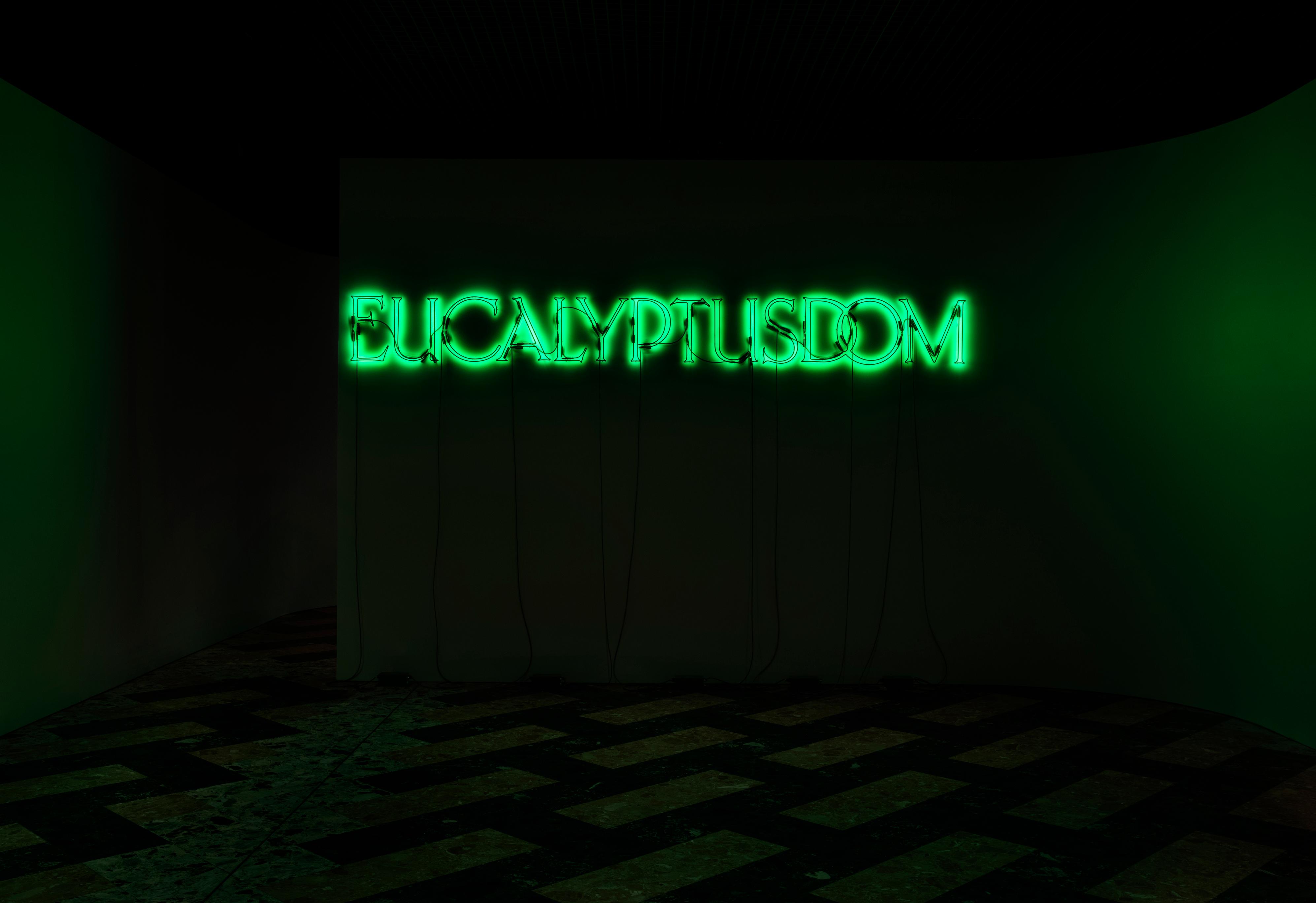 eucalyptusdom title sits on a wall in a neon green light