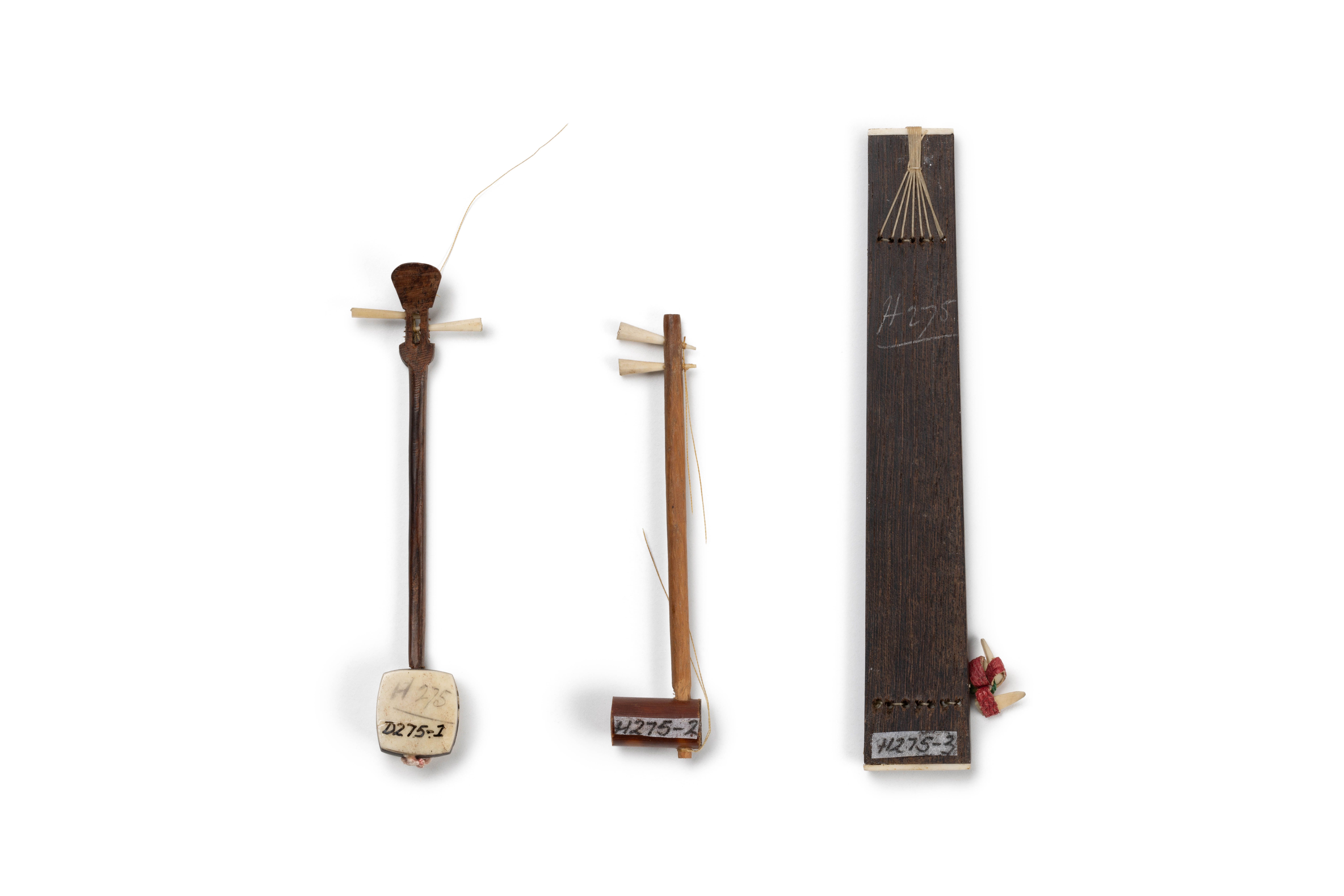 Japanese musical instruments of wood and metal.