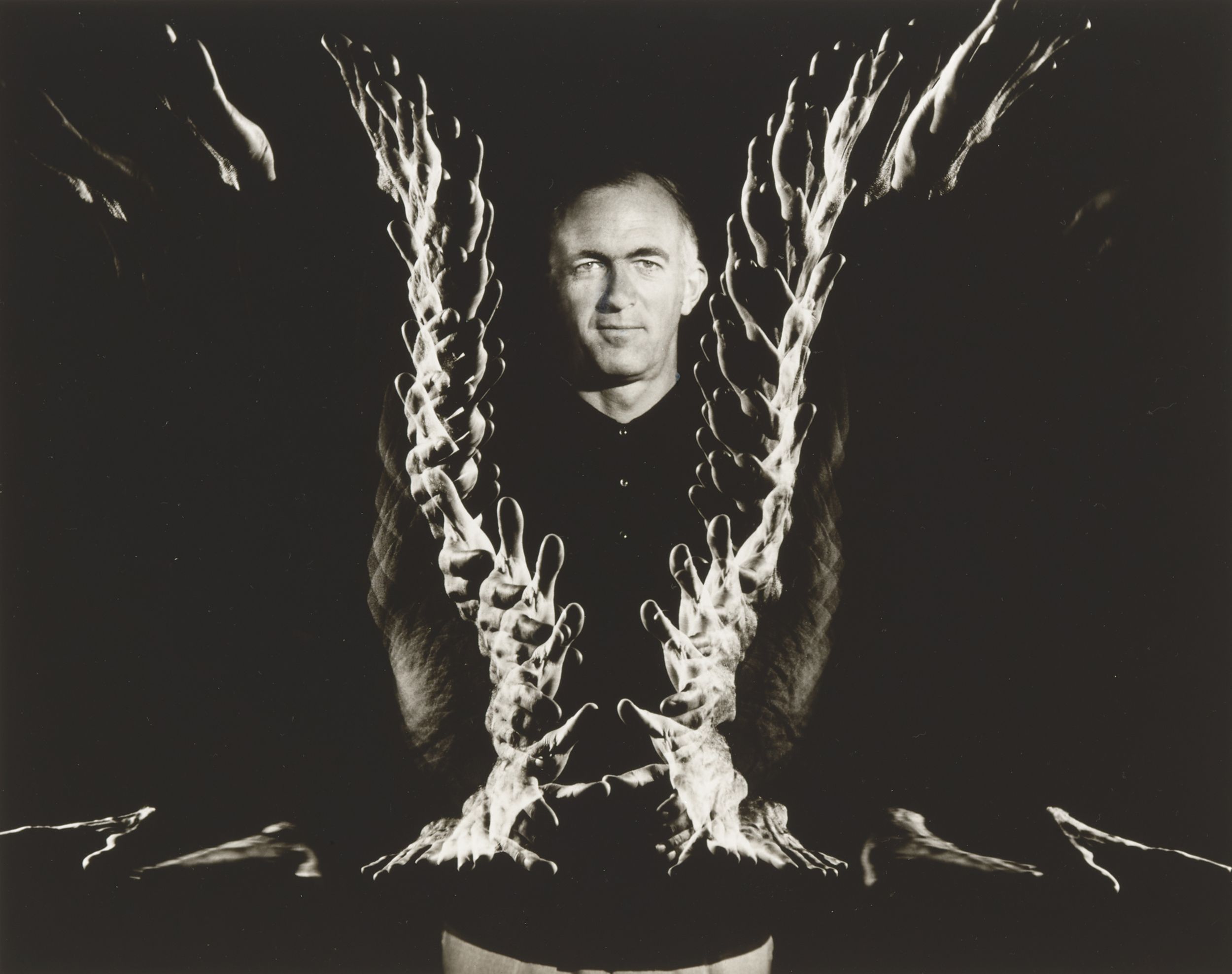 A multi-exposure black and white fibre based photograph on matt paper of Jørn Utzon