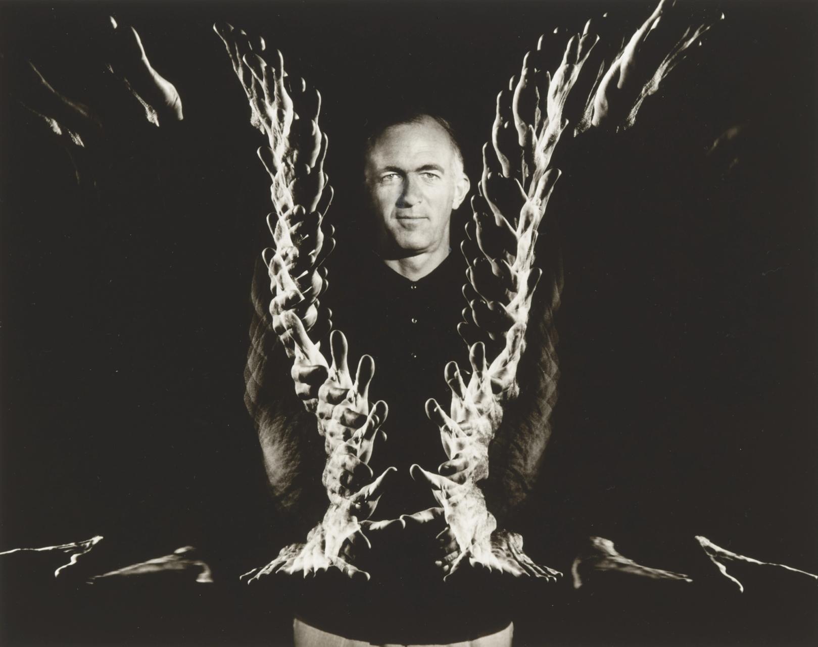 A multi-exposure black and white fibre based photograph on matt paper of Jørn Utzon