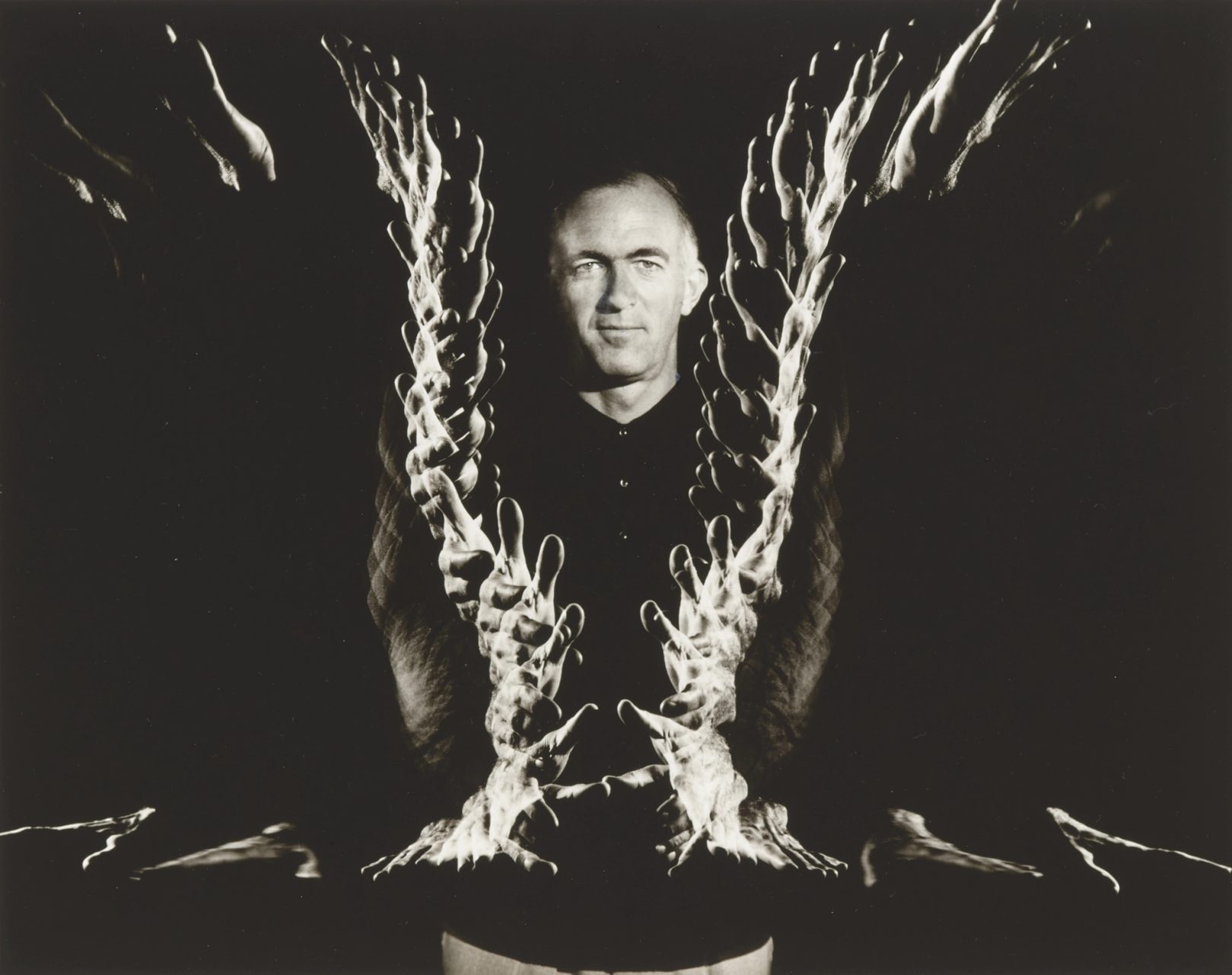 A multi-exposure black and white fibre based photograph on matt paper of Jørn Utzon