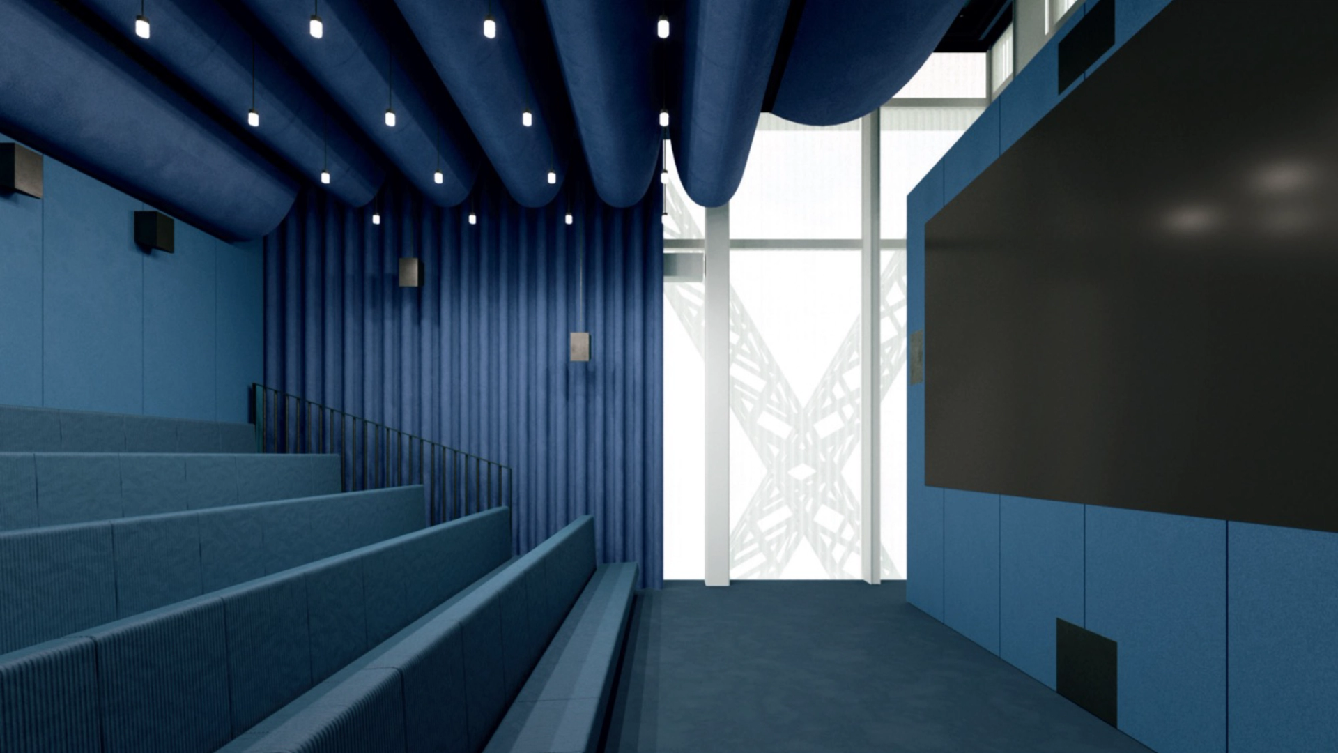 3D render of the Medich Foundation Cinema, with blue interiors, rows of seats and a cinema screen.