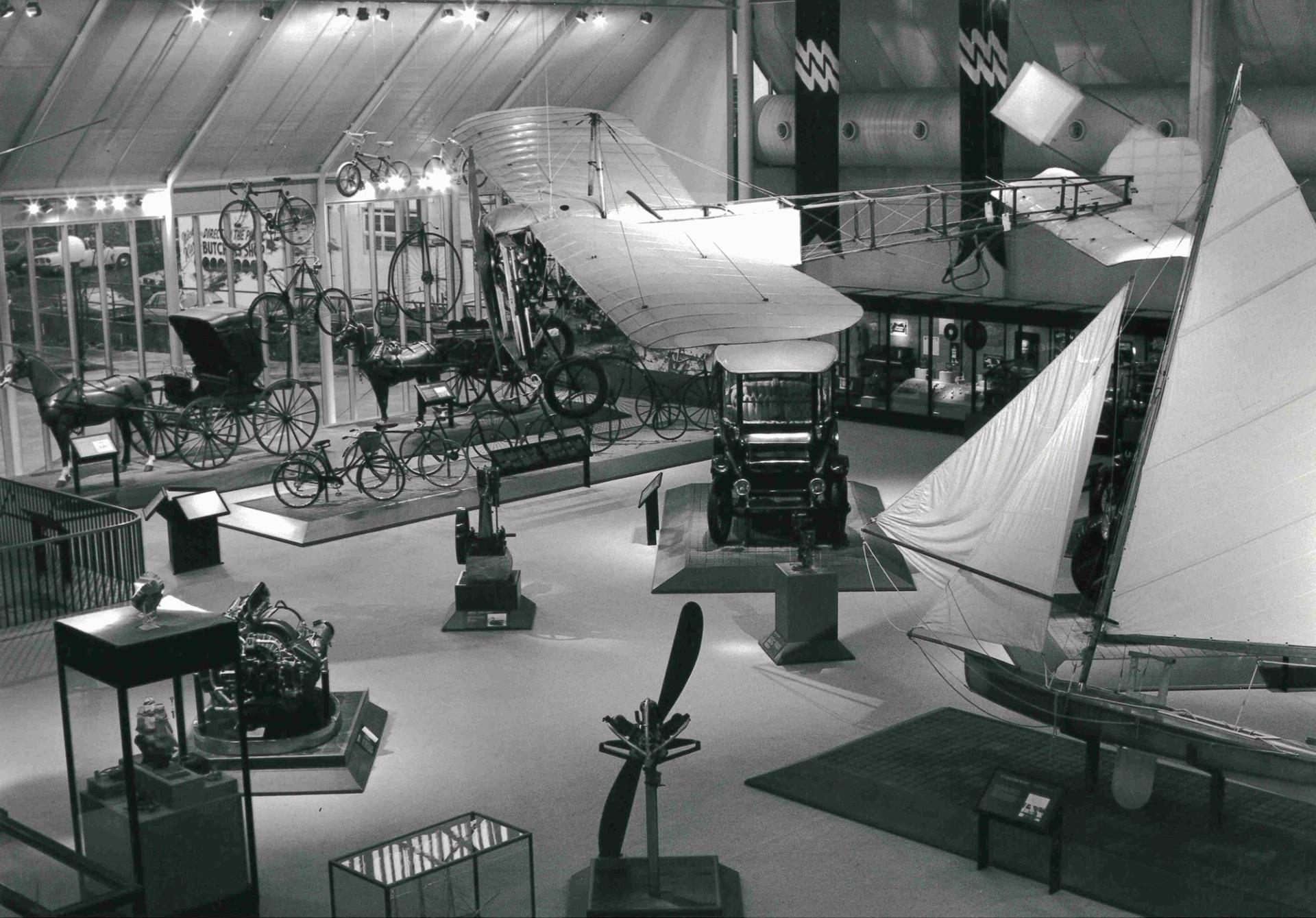 Black and white photograph of museum transport display