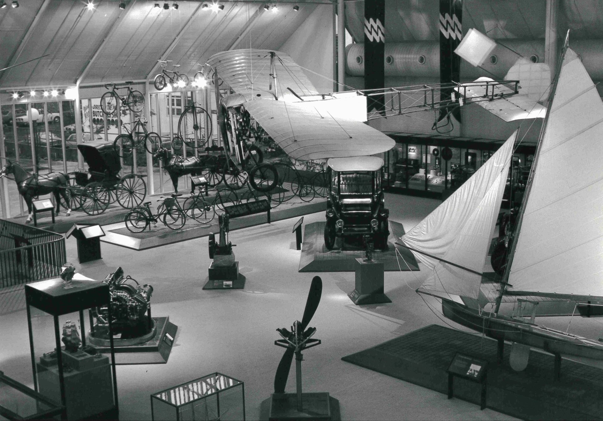 Black and white photograph of museum transport display