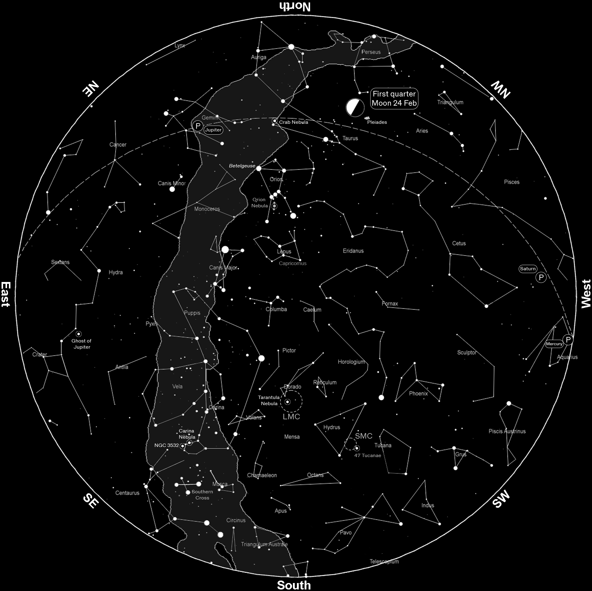A black and white star map, representing this month's constellations.