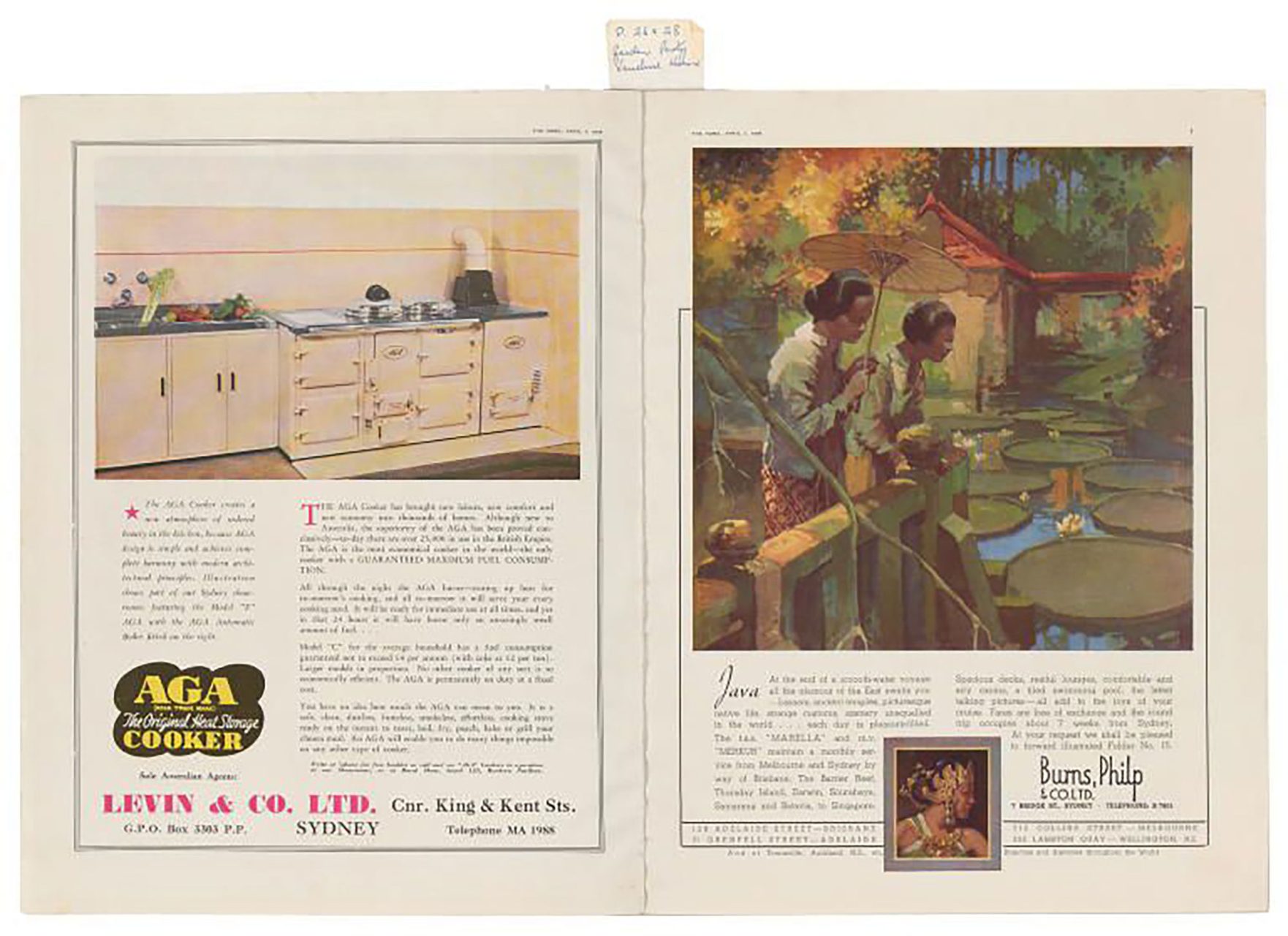 A two page spread of a magazine. On the left page is an illustration of a kitchen and an article below. The page on the right has an illustration of two women at a pond.