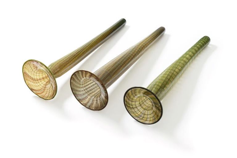 A glass sculpture resembling a traditional Indigenous eel trap.