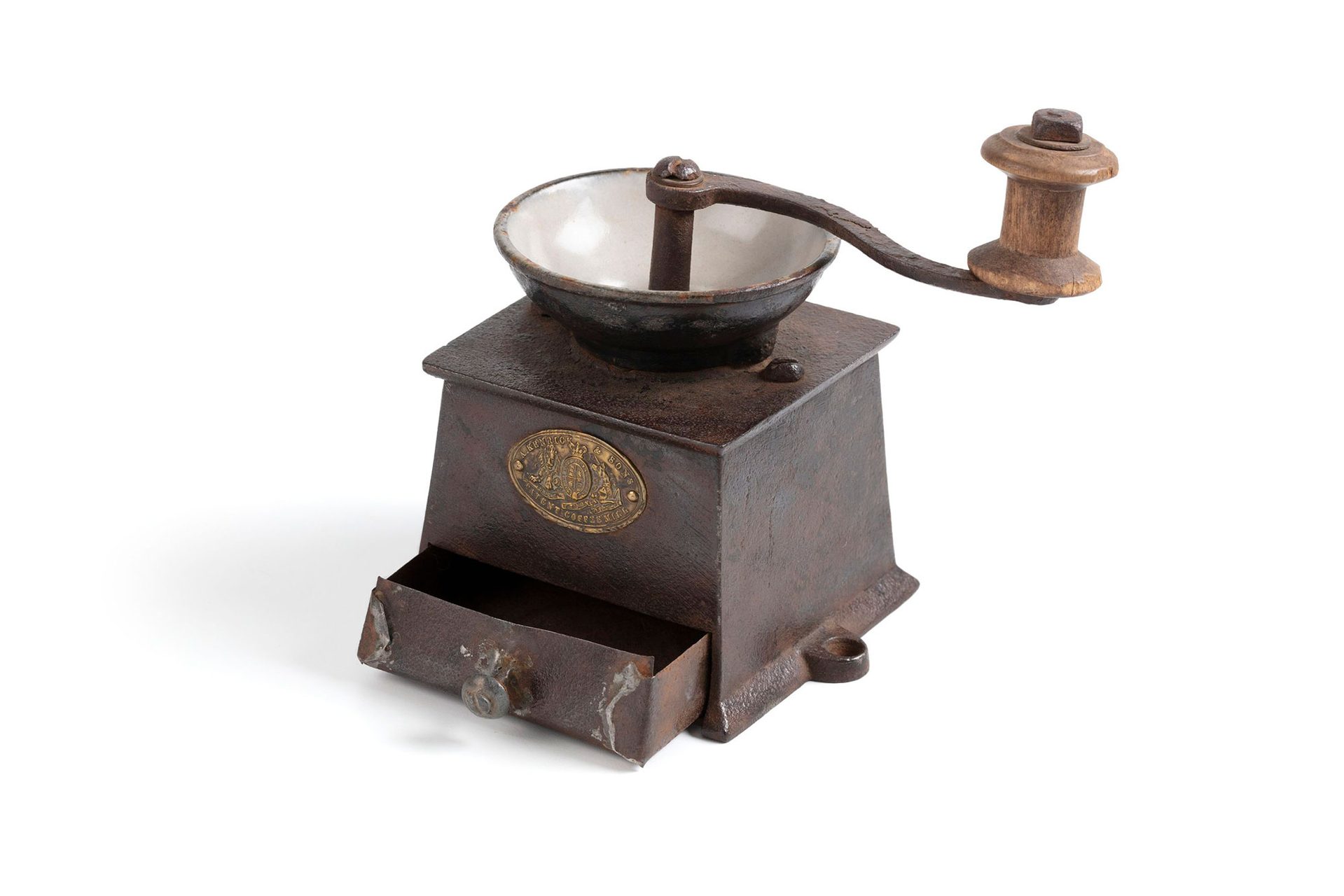 Coffee mill is of the box type, with a metal drawer at the bottom.