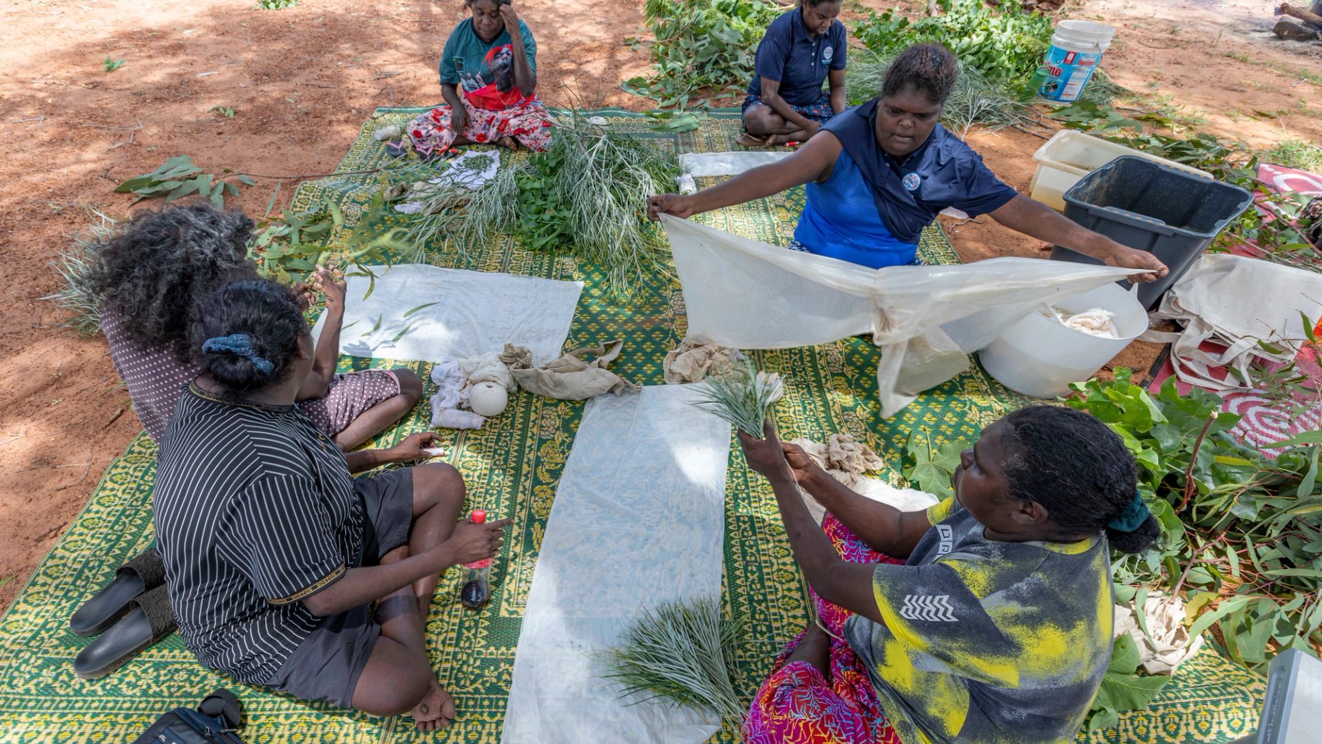 Six women sit outside on a large green and yellow mat. They are holding various plant clippings and pieces of white textiles.