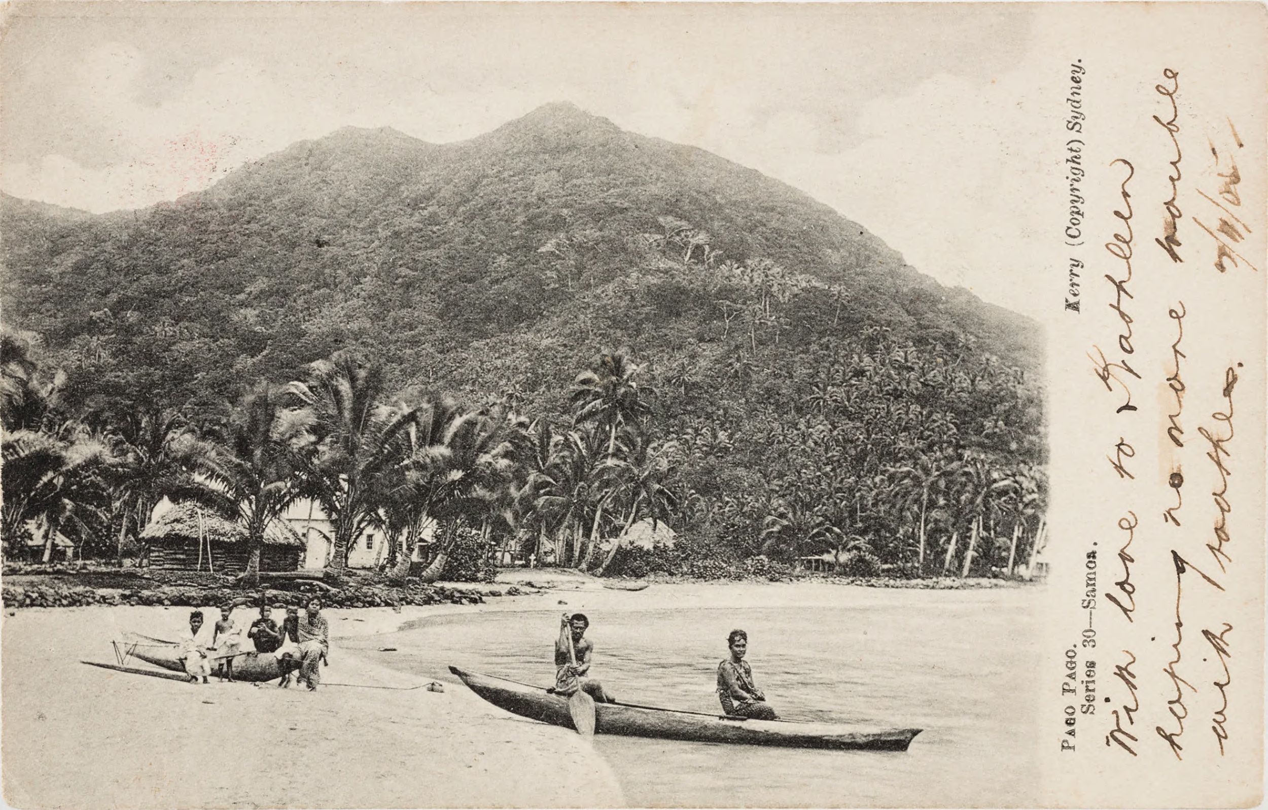 Postcard image of people with wakas on beach.