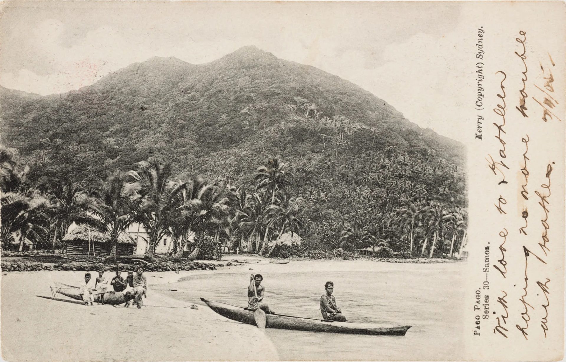 Postcard image of people with wakas on beach.