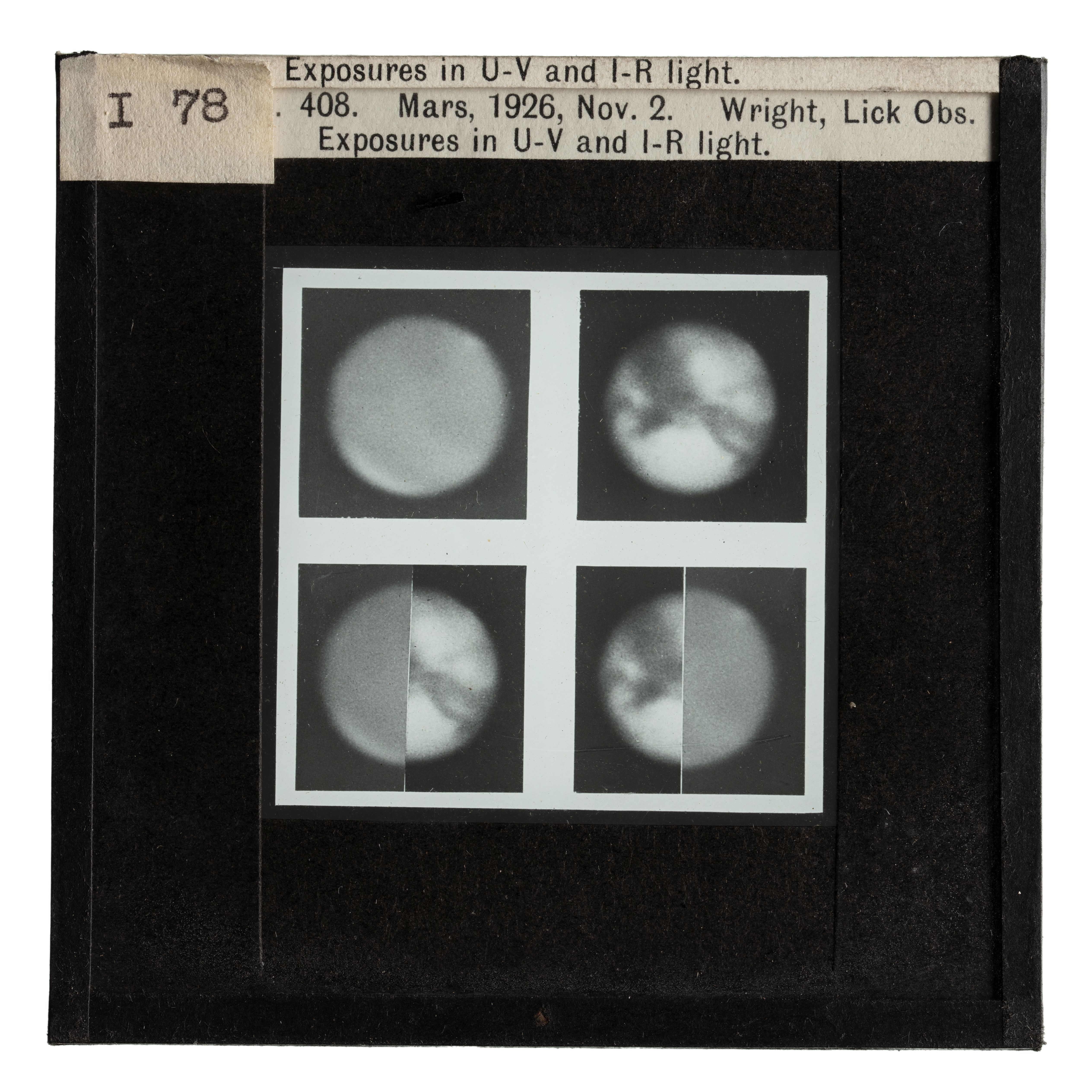 Photograph of a glass lantern slide used for teaching astronomy depicting Mars in November 2nd, 1926.