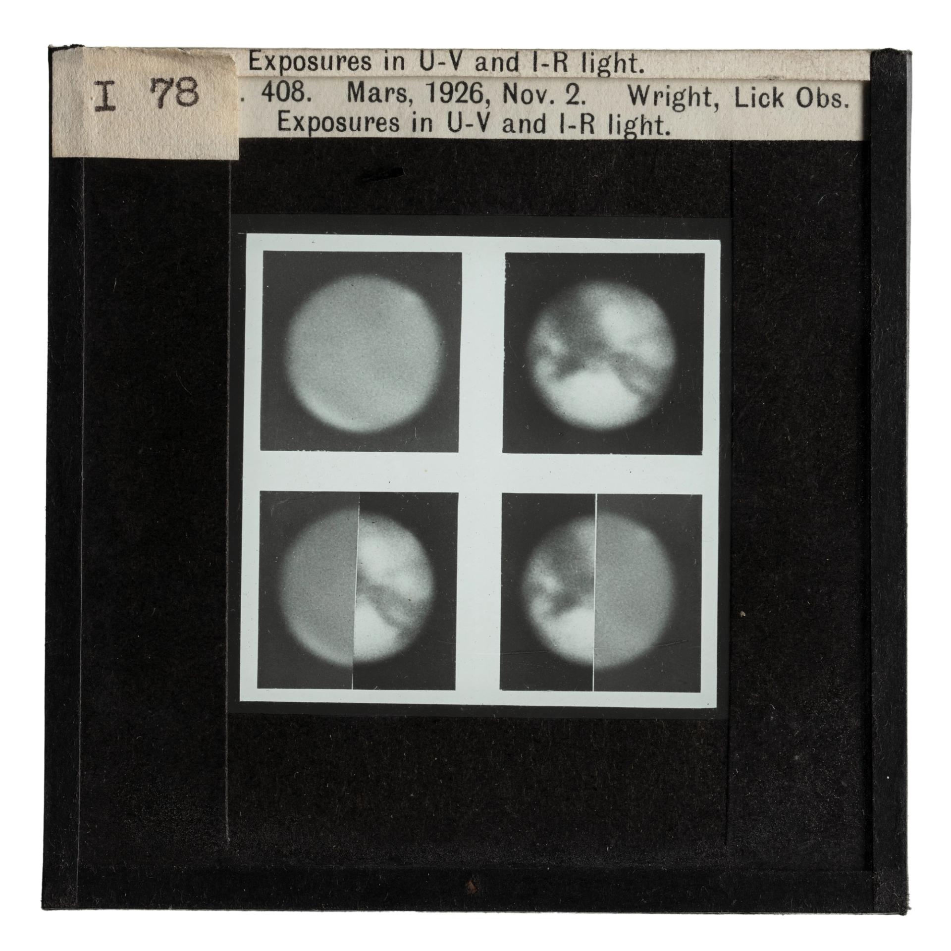 Photograph of a glass lantern slide used for teaching astronomy depicting Mars in November 2nd, 1926.