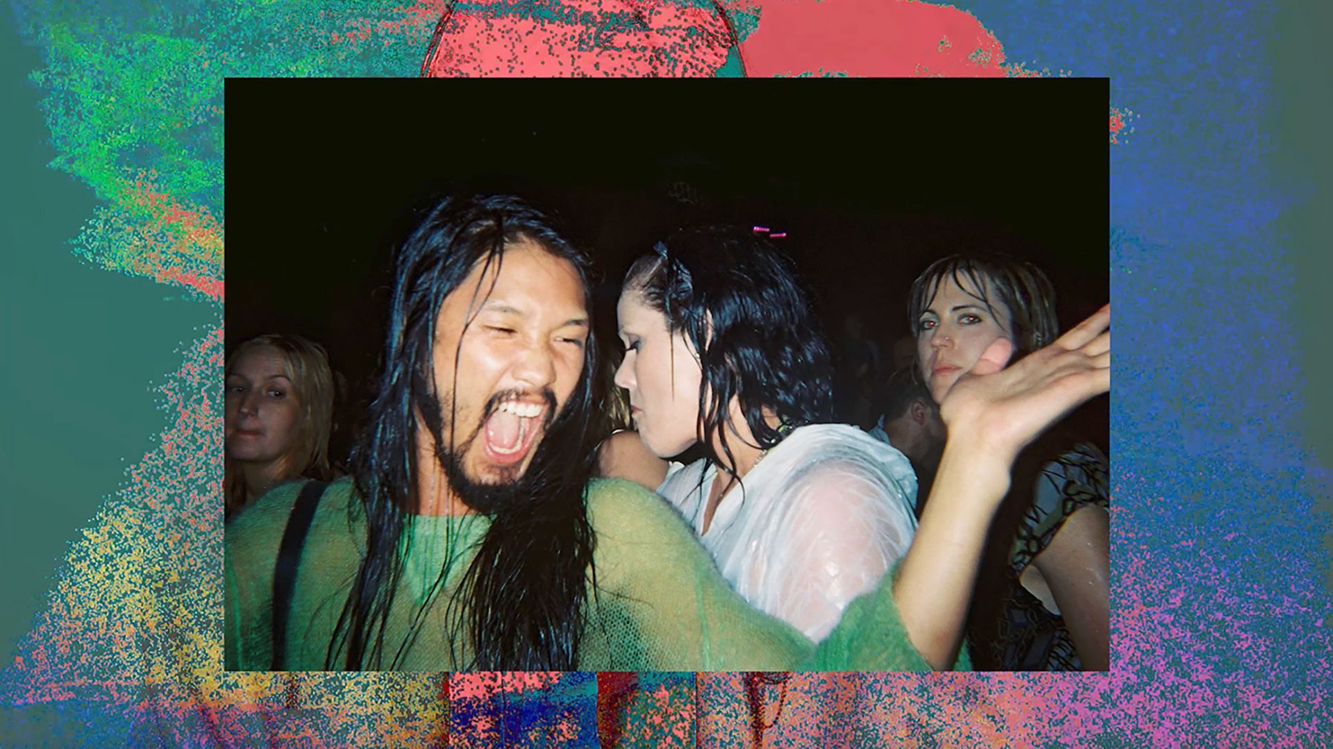 People enjoying themselves in Rave in the center frame. There is a multicolored background.