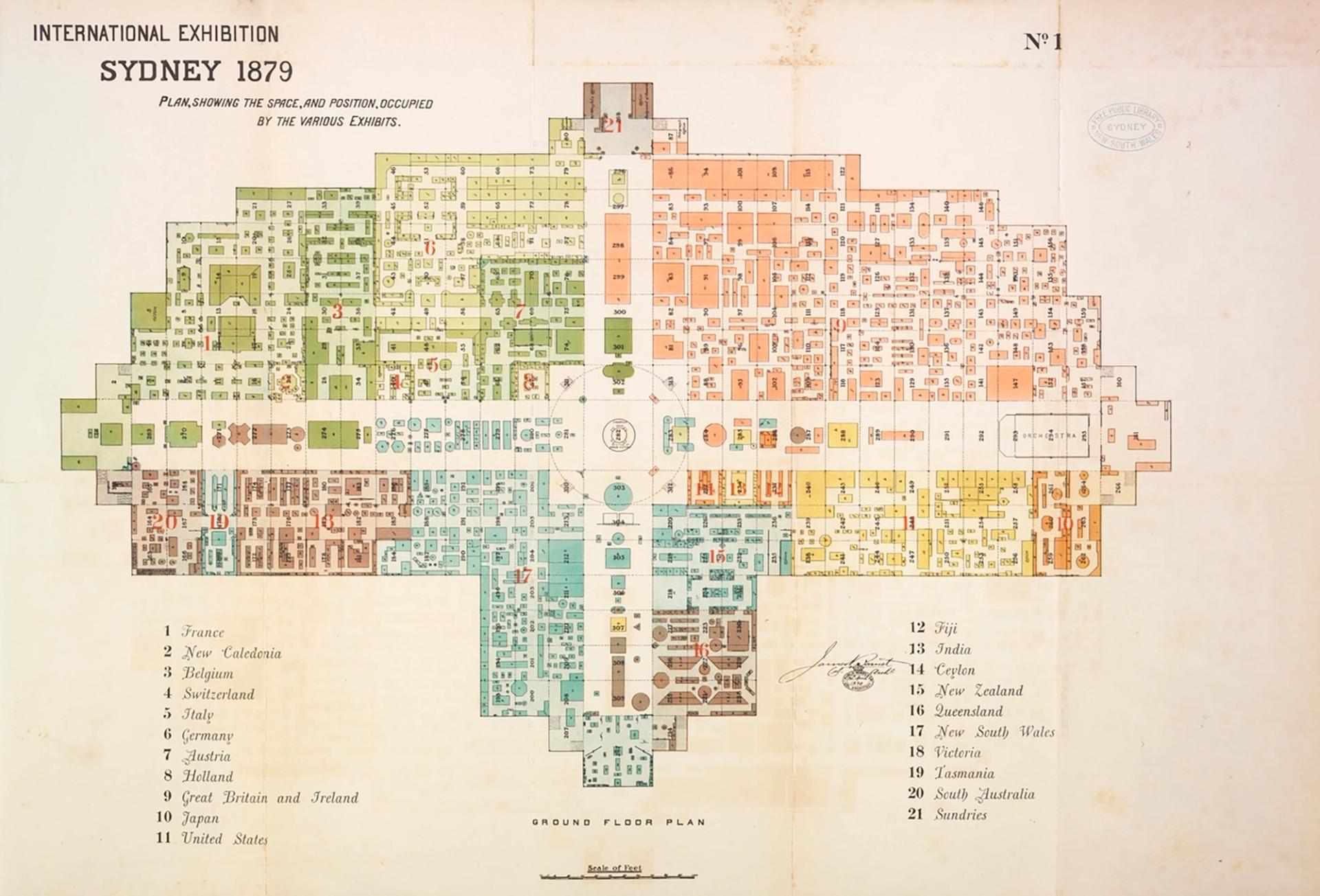 Archival image of a floor plan of the Garden Palace’s displays