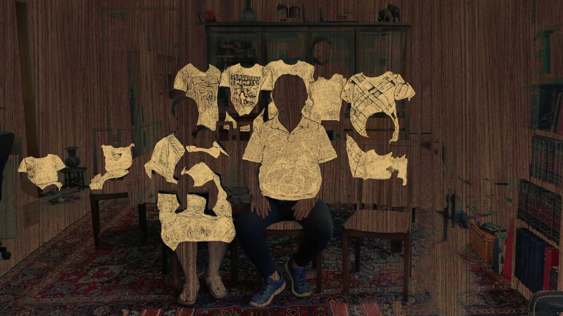 Etching on wood of a family posing for a photo.