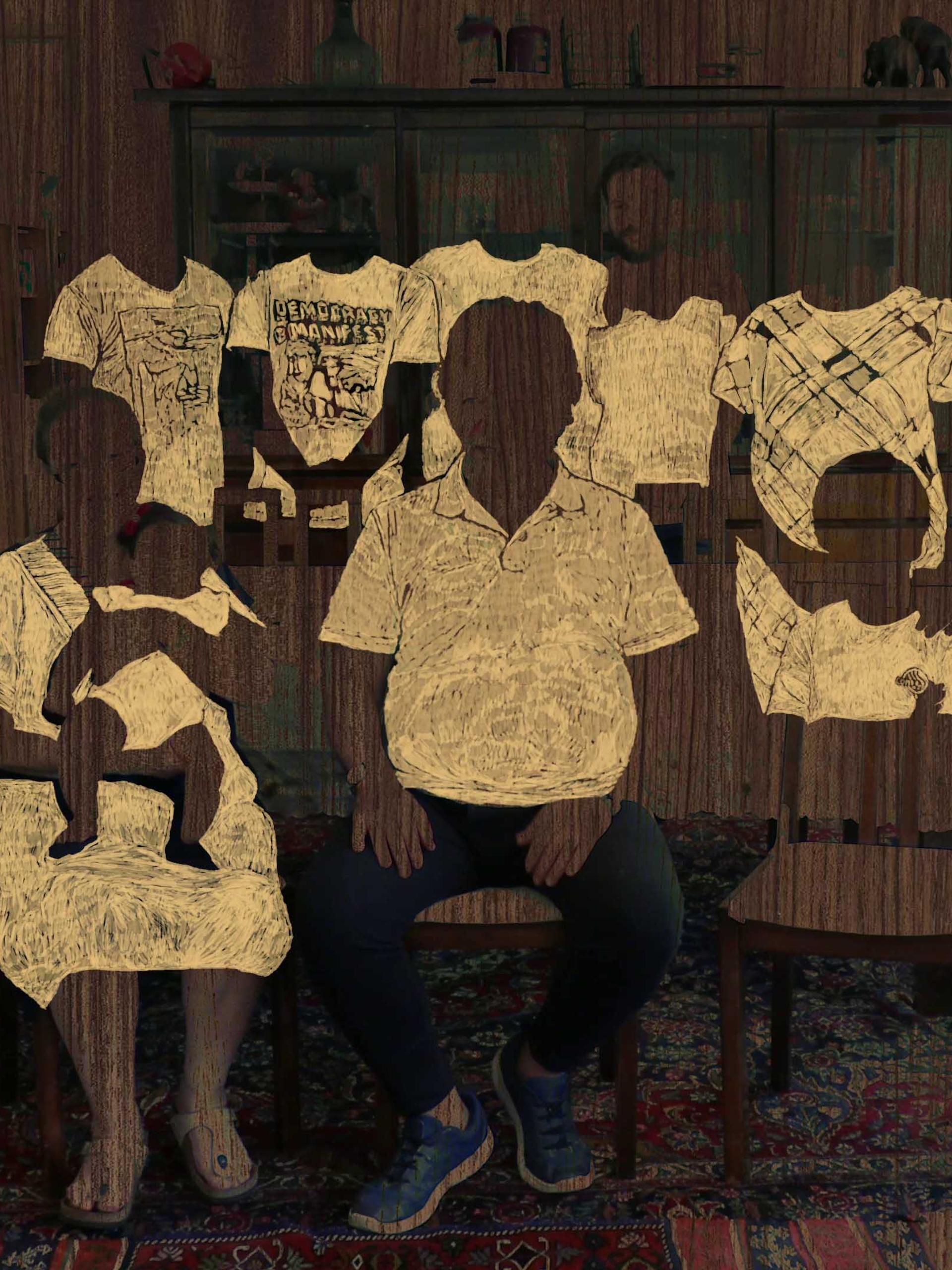 Etching on wood of a family posing for a photo.