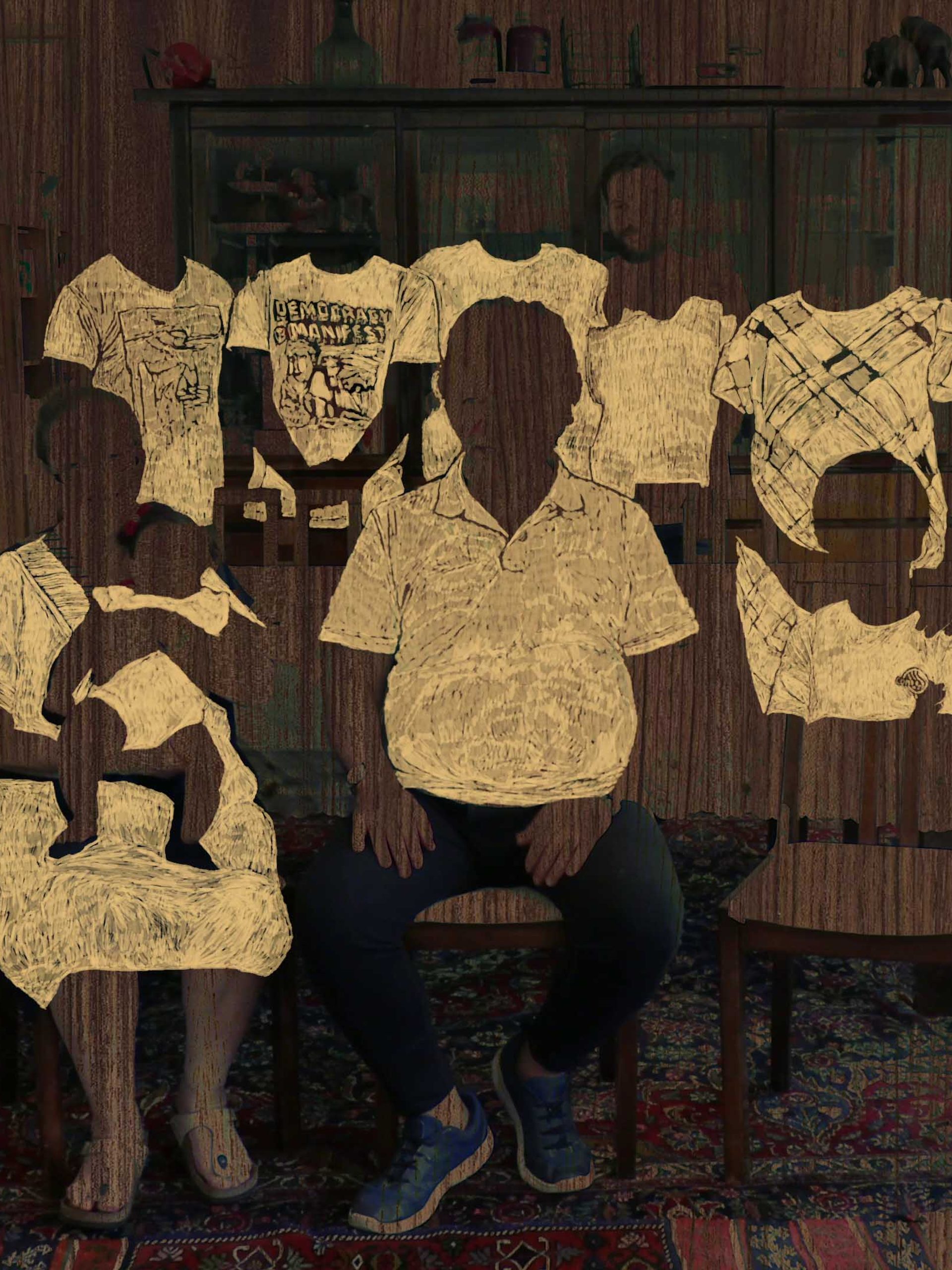 Etching on wood of a family posing for a photo.
