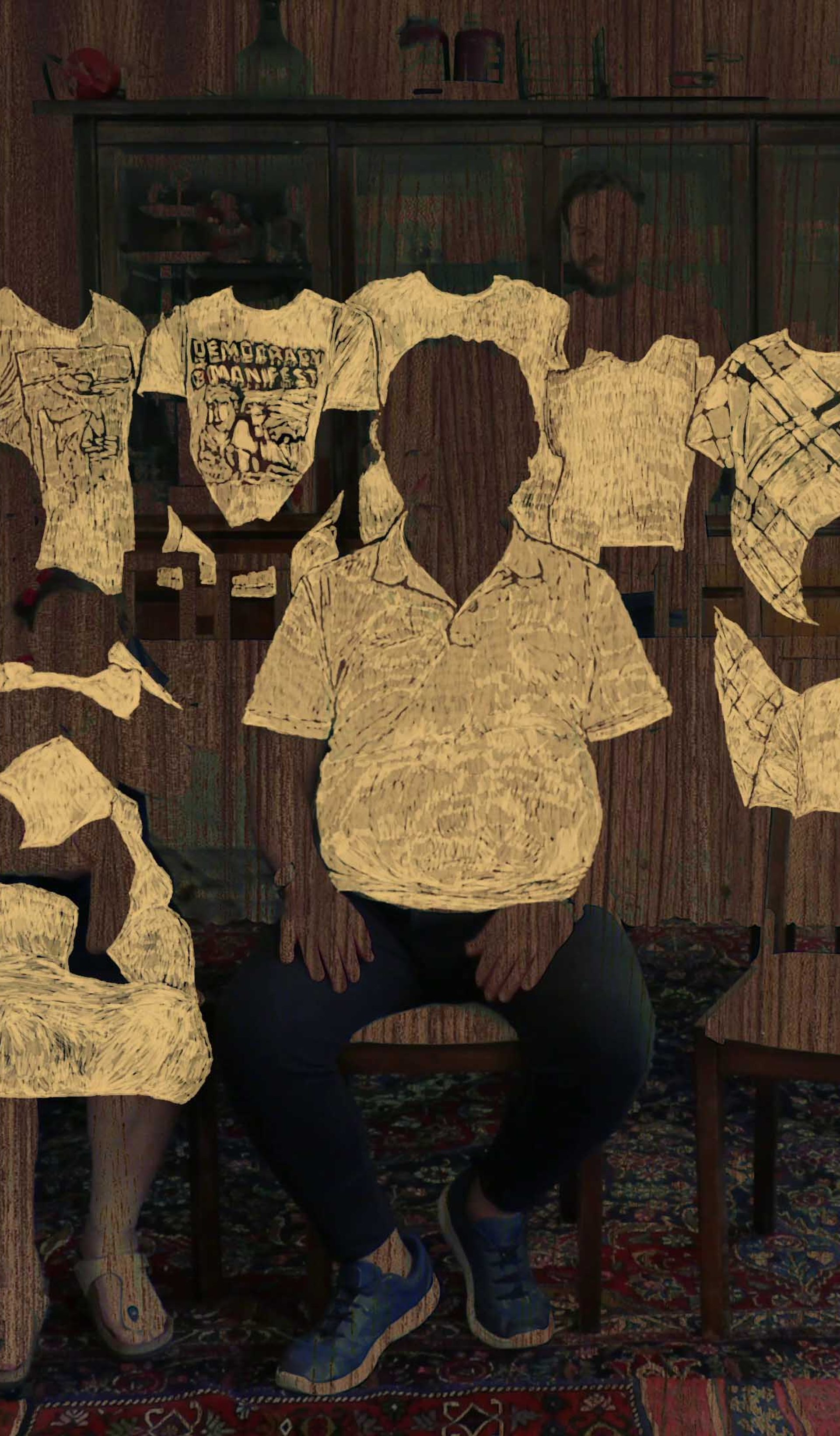 Etching on wood of a family posing for a photo.