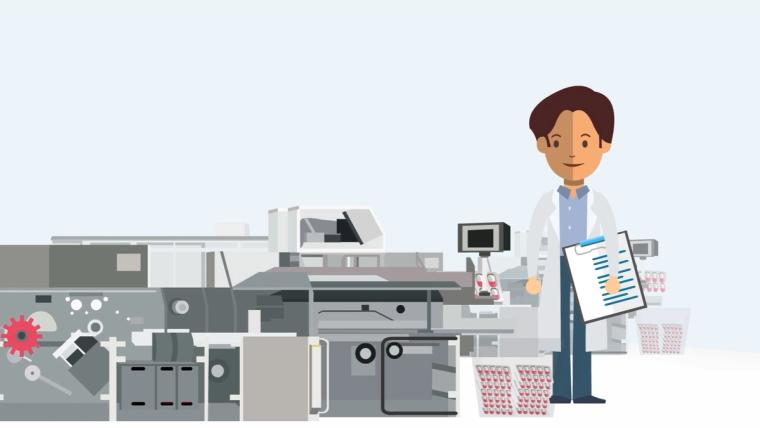 Illustration of a medical researcher surrounded by laboratory equipment used in modern clinical trials.