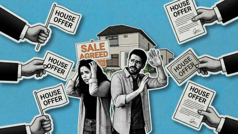 A stressed couple surrounded by house offers after agreeing the sale of their new home.