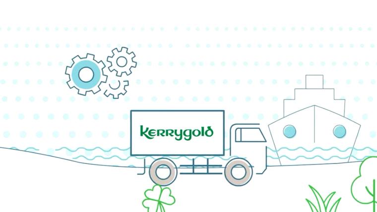 Illustration of a Kerrygold delivery truck transporting products for export by ship.