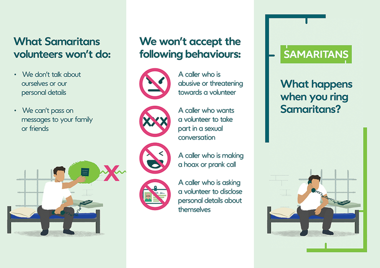 Samaritans Ireland leaflet explaining what happens when a person in prison calls Samaritans and the support volunteers provide.