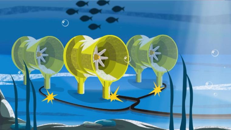 Illustration of underwater turbines generating renewable energy from ocean currents.