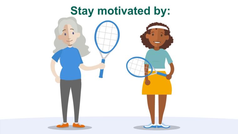 Two women holding tennis rackets, illustrating staying motivated by being active with others.
